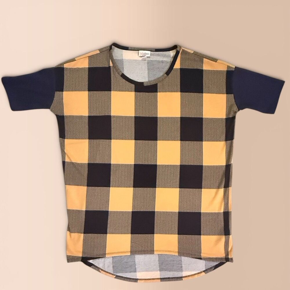 LuLaRoe Irma Tunic Top S Small Buffalo Plaid Navy Orange Dolman Sleeve